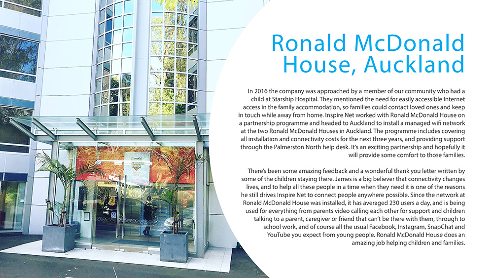 
                Ronald McDonald House, Auckland.

                In 2016 the company was approached by a member of our community who had a
                child at Starship Hospital. They mentioned the need for easily accessible Internet
                access in the family accommodation, so families could contact loved ones and keep
                in touch while away from home. Inspire Net worked with Ronald McDonald House on
                a partnership programme and headed to Auckland to install a managed wifi network
                at the two Ronald McDonald Houses in Auckland. The programme includes covering
                all installation and connectivity costs for the next three years, and providing support
                through the Palmerston North help desk. It’s an exciting partnership and hopefully it
                will provide some comfort to those families.

                There’s been some amazing feedback and a wonderful thank you letter written by
                some of the children staying there. James is a big believer that connectivity changes
                lives, and to help all these people in a time when they need it is one of the reasons
                he still drives Inspire Net to connect people anywhere possible. Since the network at
                Ronald McDonald House was installed, it has averaged 230 users a day, and is being
                used for everything from parents video calling each other for support and children
                talking to a parent, caregiver or friend that can’t be there with them, through to
                school work, and of course all the usual Facebook, Instagram, SnapChat and
                YouTube you expect from young people. Ronald McDonald House does an
                amazing job helping children and families.
                